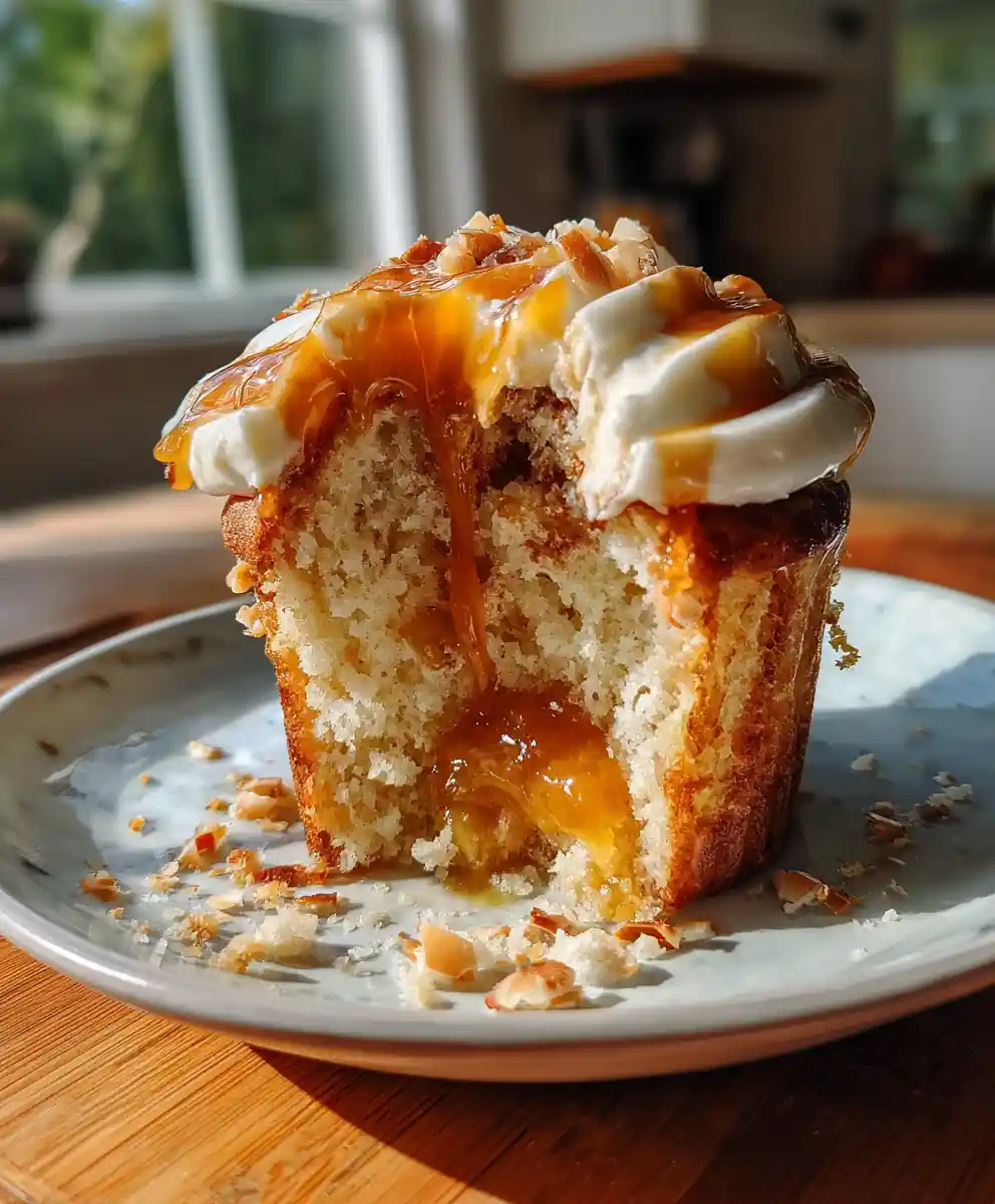 Peach Honey Cream Cheese Cupcakes with Molten Peach Jam Center