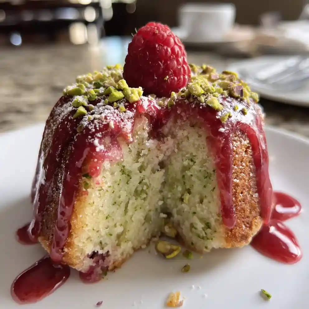 Pistachio Raspberry Dream Cake with Glossy Glaze