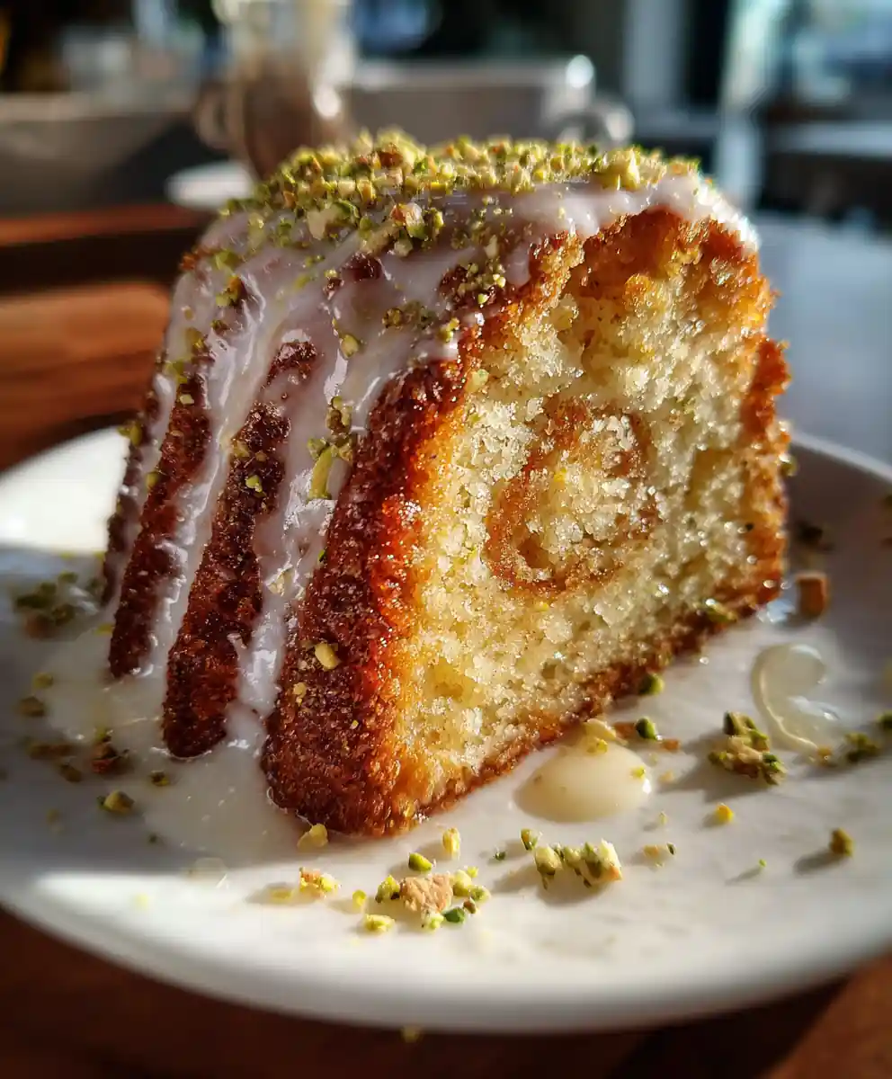 Pistachio Rose Cardamom Cake with Marzipan Swirl