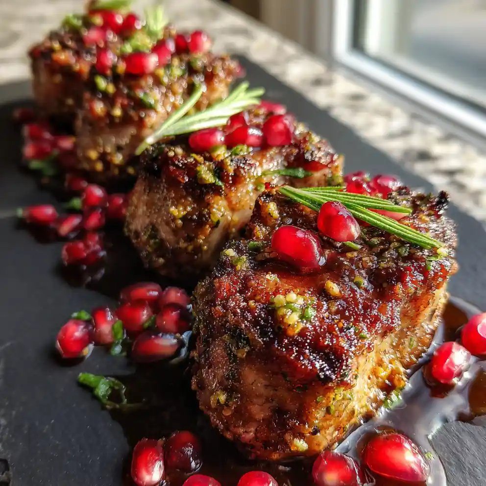 Pomegranate Glazed Herb Crusted Lamb Chops with Pistachio Crumble