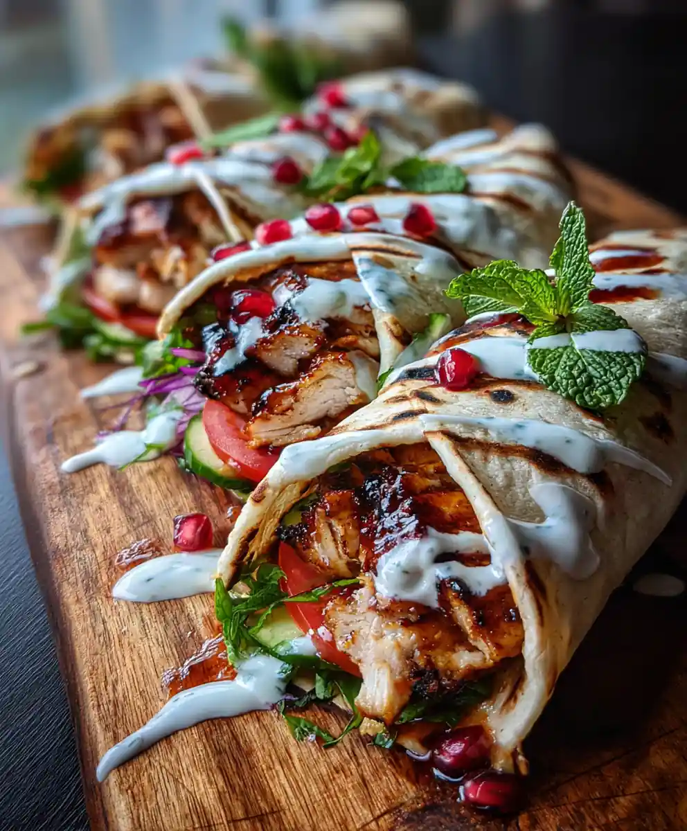Pomegranate Glazed Mediterranean Chicken Wraps with Herbed Yogurt