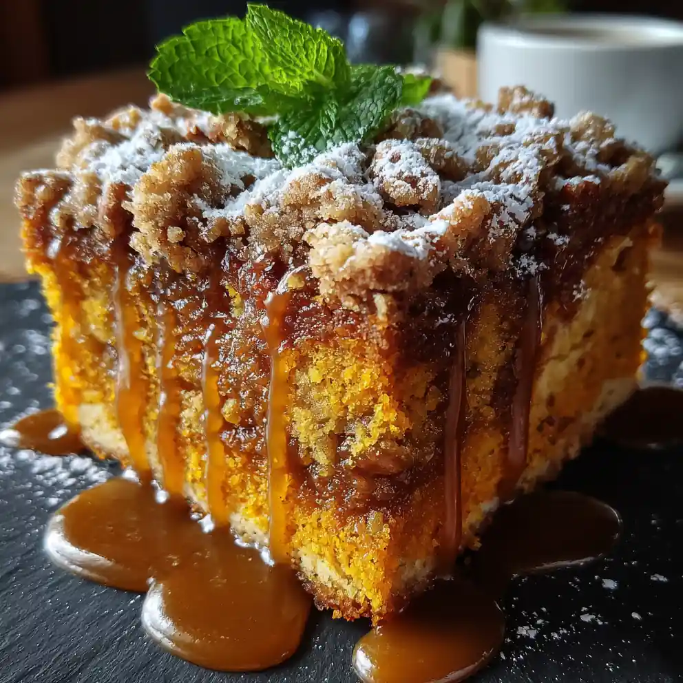 Pumpkin Crumble Cake with Cardamom Caramel Swirl