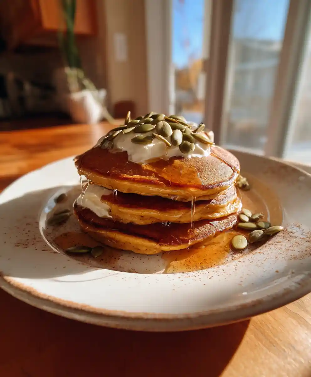 Pumpkin Greek Yogurt Pancakes with Orange Cardamom Cream Cheese Swirl