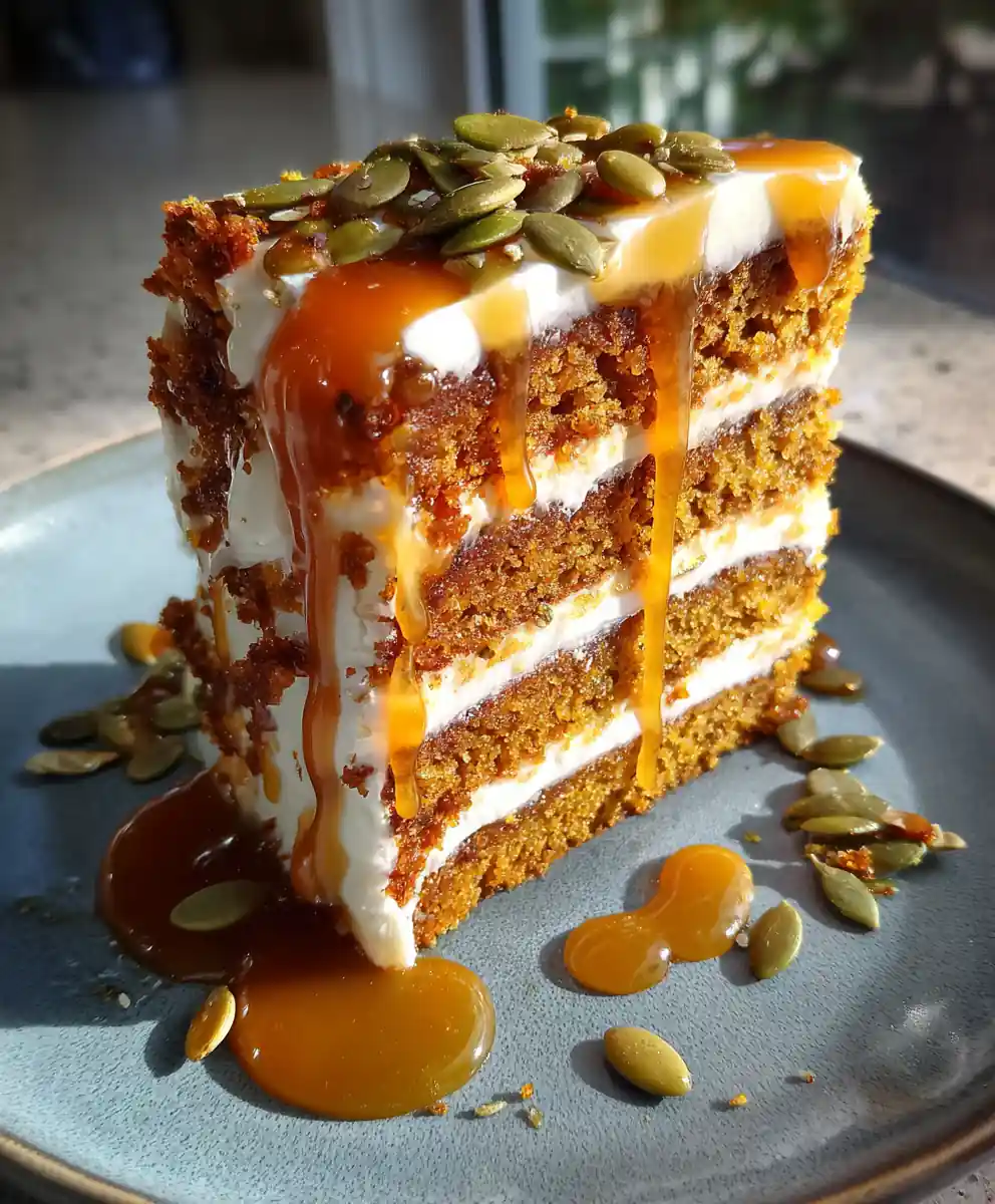 Pumpkin Spice Cake with Maple Brown Butter Pumpkin Seed Caramel Swirl and Cream Cheese Frosting