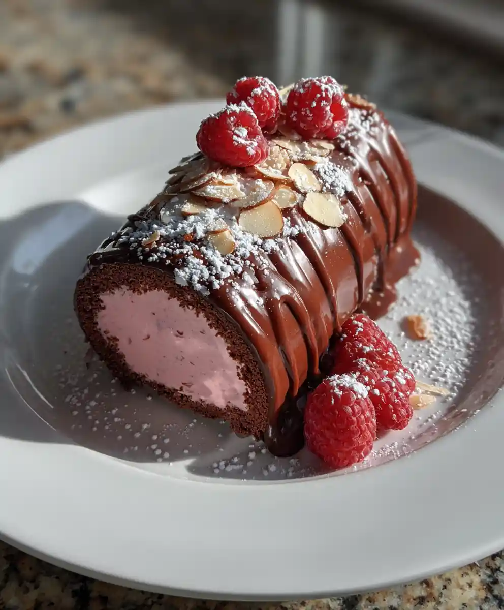 Raspberry Chocolate Yule Log with Pink Ganache Swirl