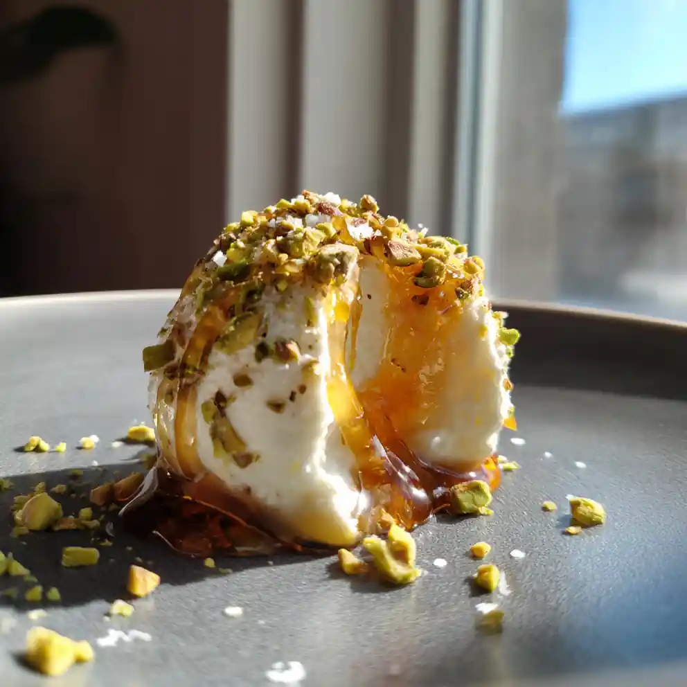 Ricotta Pistachio Honey Bites with Caramelized Pistachio Core