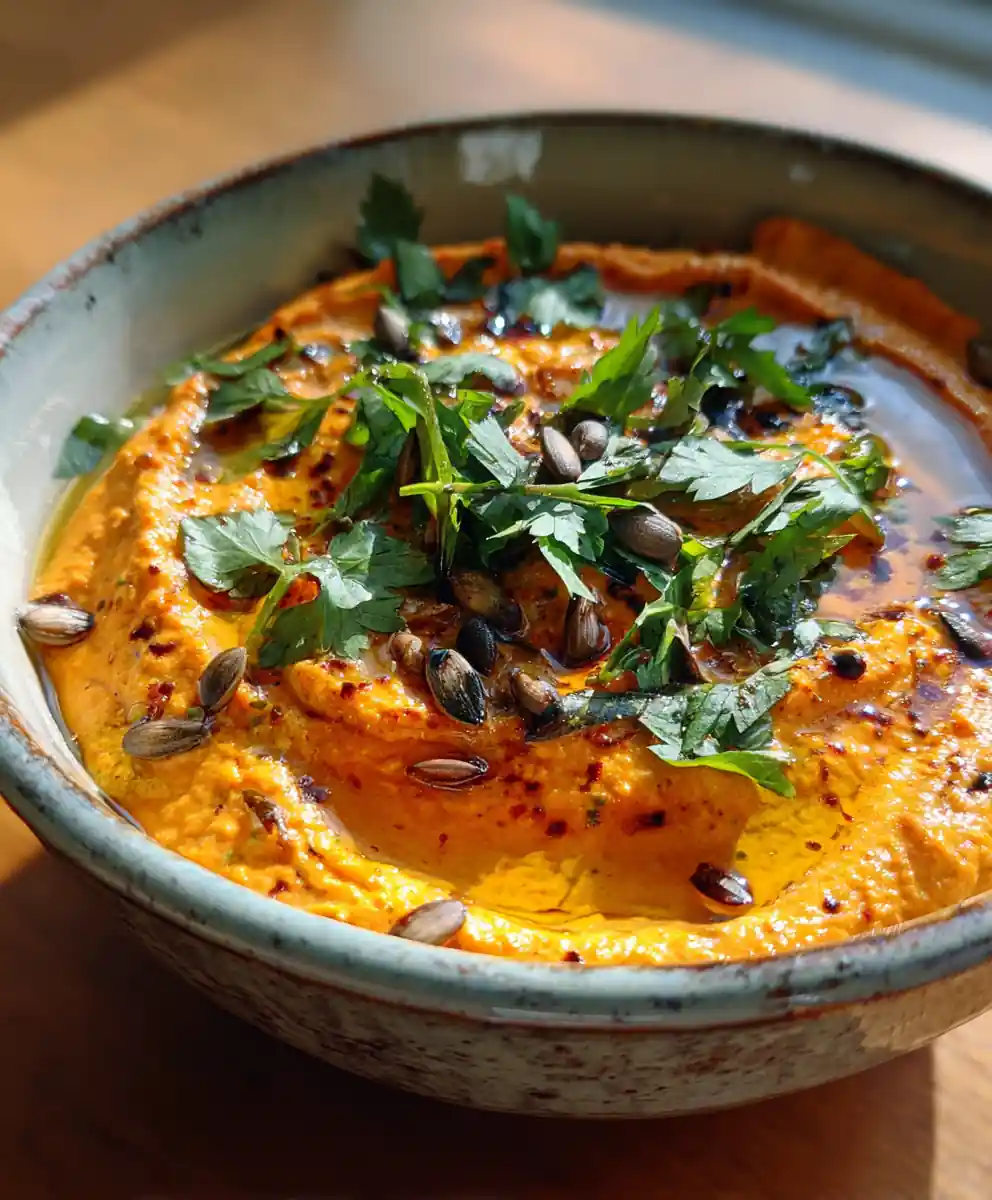 Roasted Red Pepper & Smoked Cumin Spicy Dip with Olive Oil Swirl