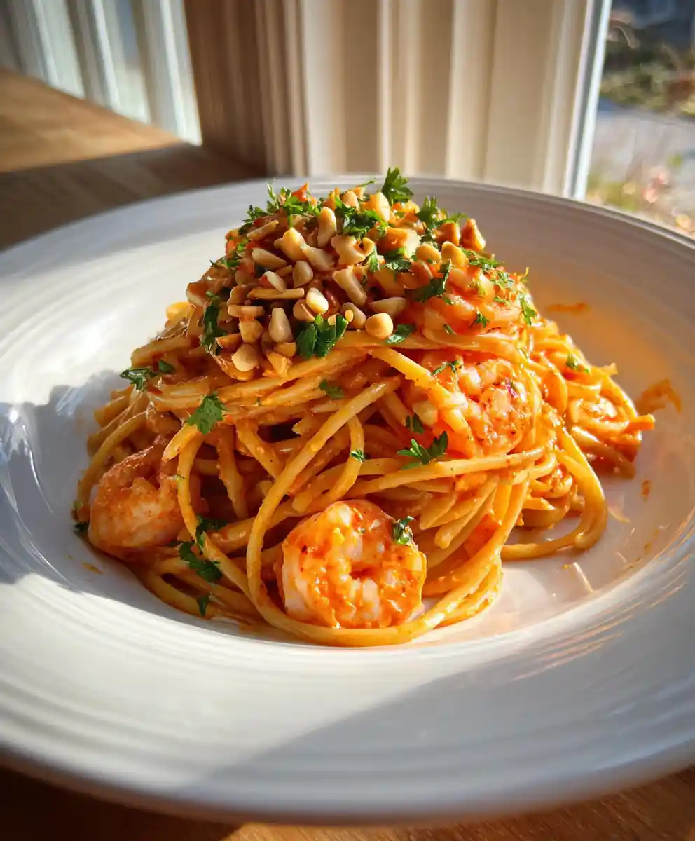Roasted Red Pepper Swirl Creamy Shrimp Pasta