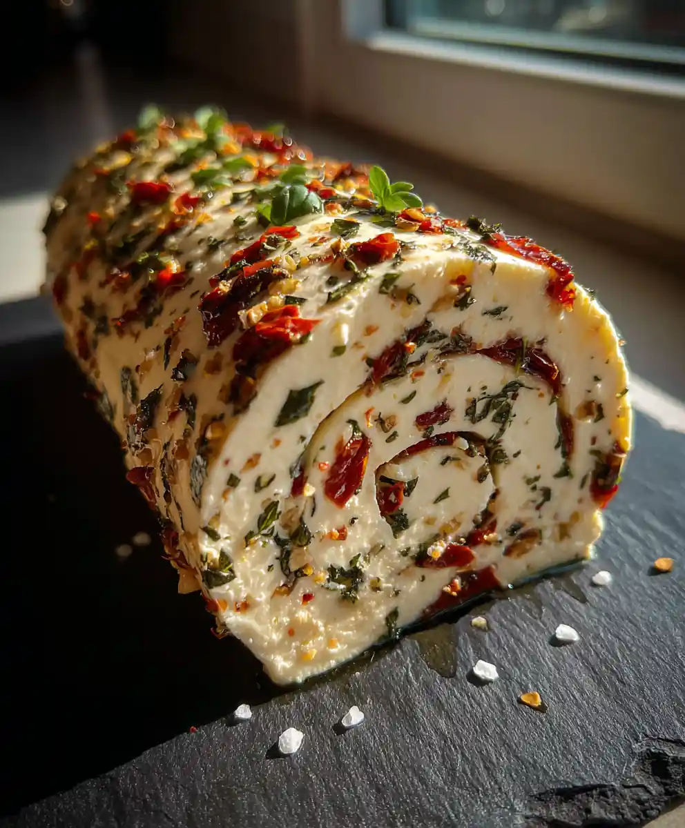 Roasted Red Pepper Swirled Antipasto Cream Cheese Log