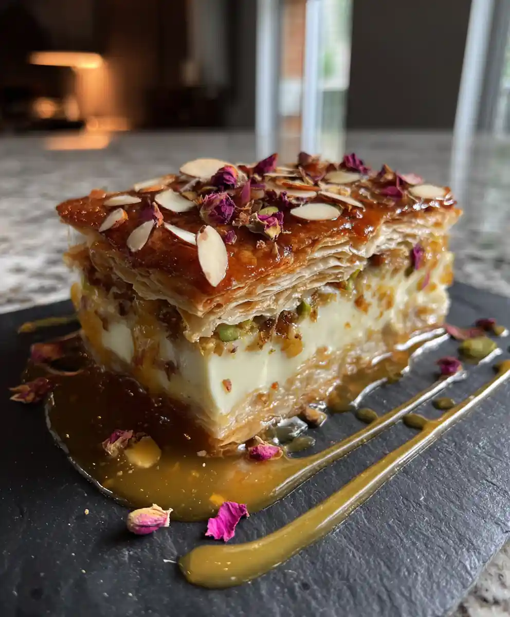 Rose Pistachio Napoleon Cake with Apricot Glaze