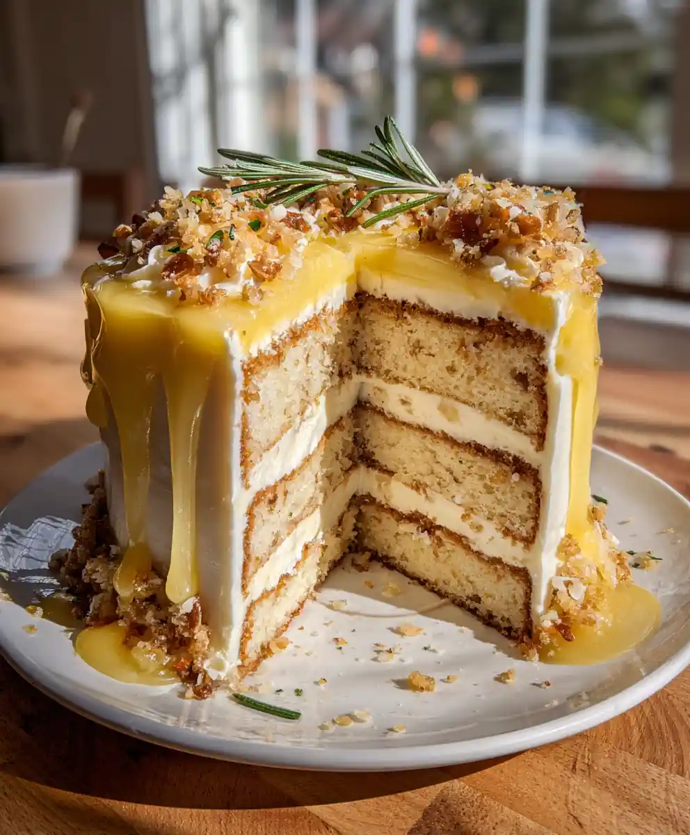 Rosemary Infused Italian Lemon Cream Cake with Almond Crumble
