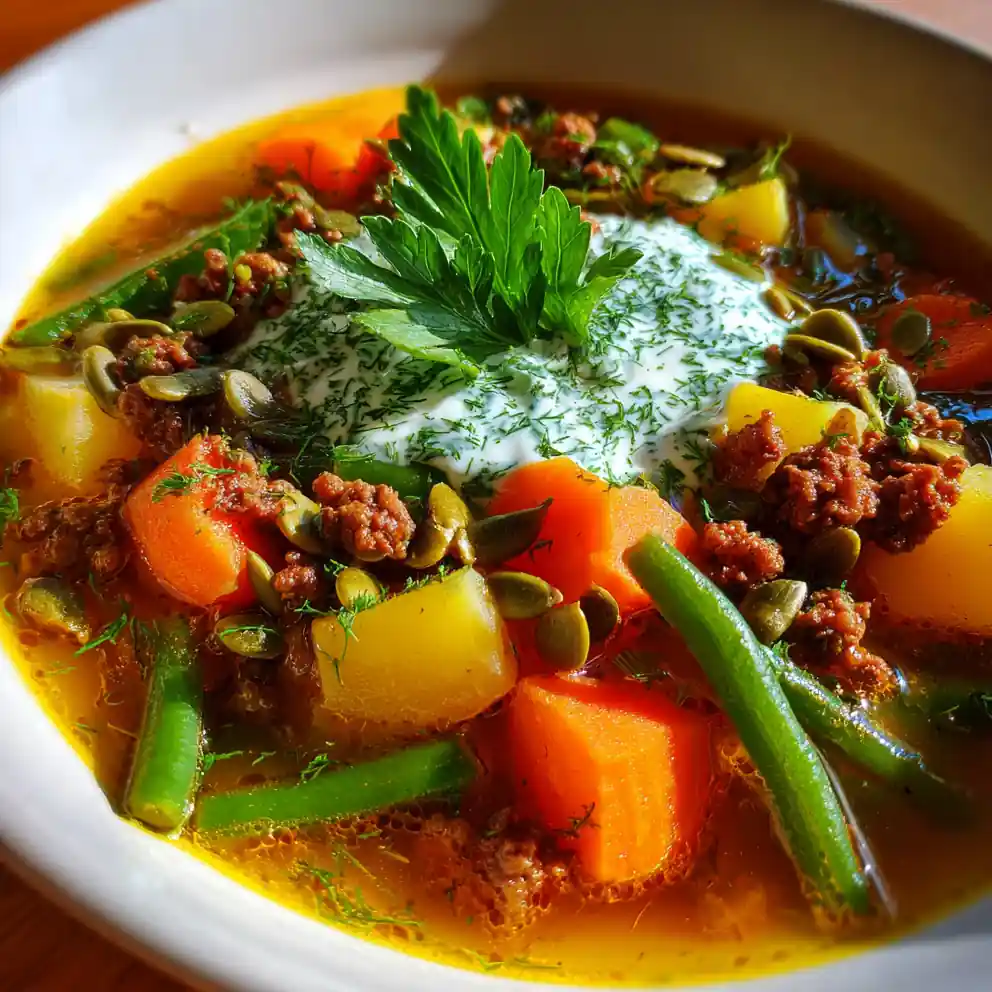 Savory Ground Beef and Vegetable Soup with Herbed Yogurt Swirl