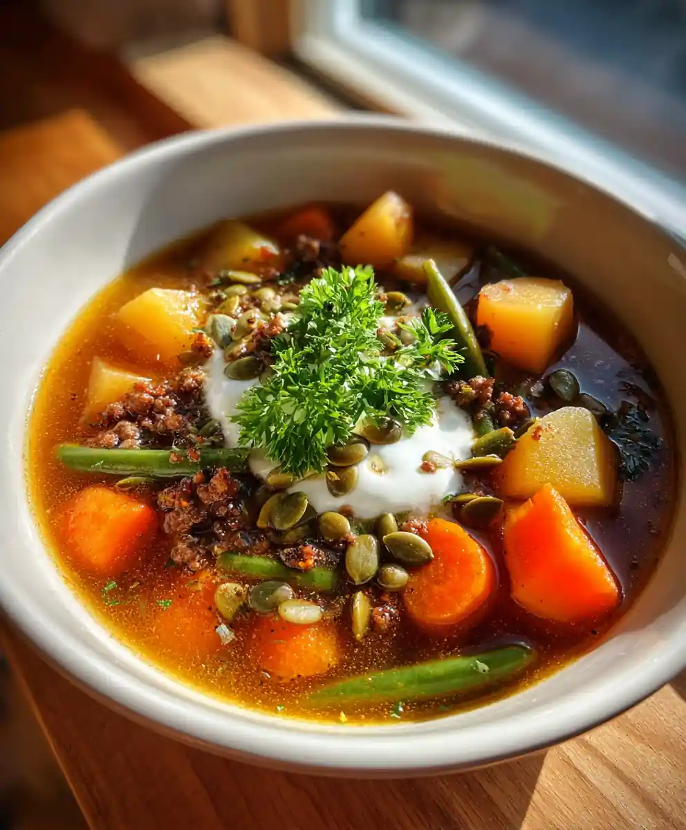 Savory Ground Beef and Vegetable Soup with Herbed Yogurt Swirl