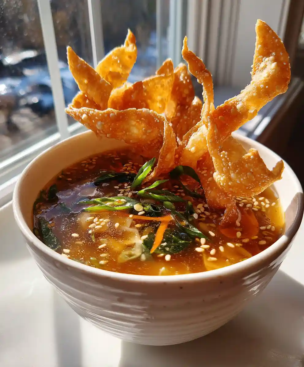 Sesame Miso Egg Roll Soup with Crispy Wonton Ribbons