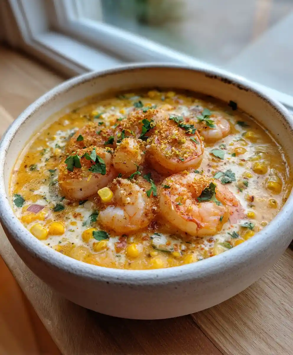 Shrimp & Corn Chowder with Roasted Corn Poblano Cream Swirl