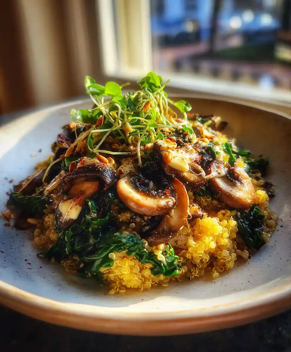 Skillet Spinach, Mushroom & Quinoa with Creamy Lemon Garlic Cashew Swirl