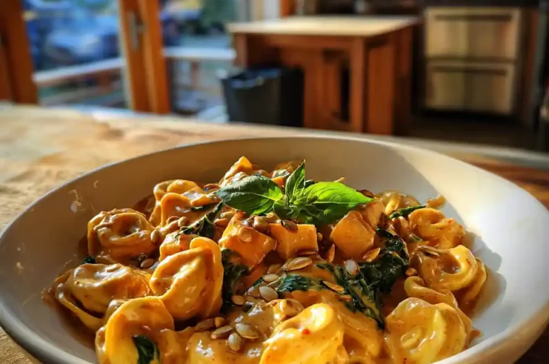 Skillet Tortellini With Sweet Potato Spinach Roasted Red Pepper Cream 1767818099.38386