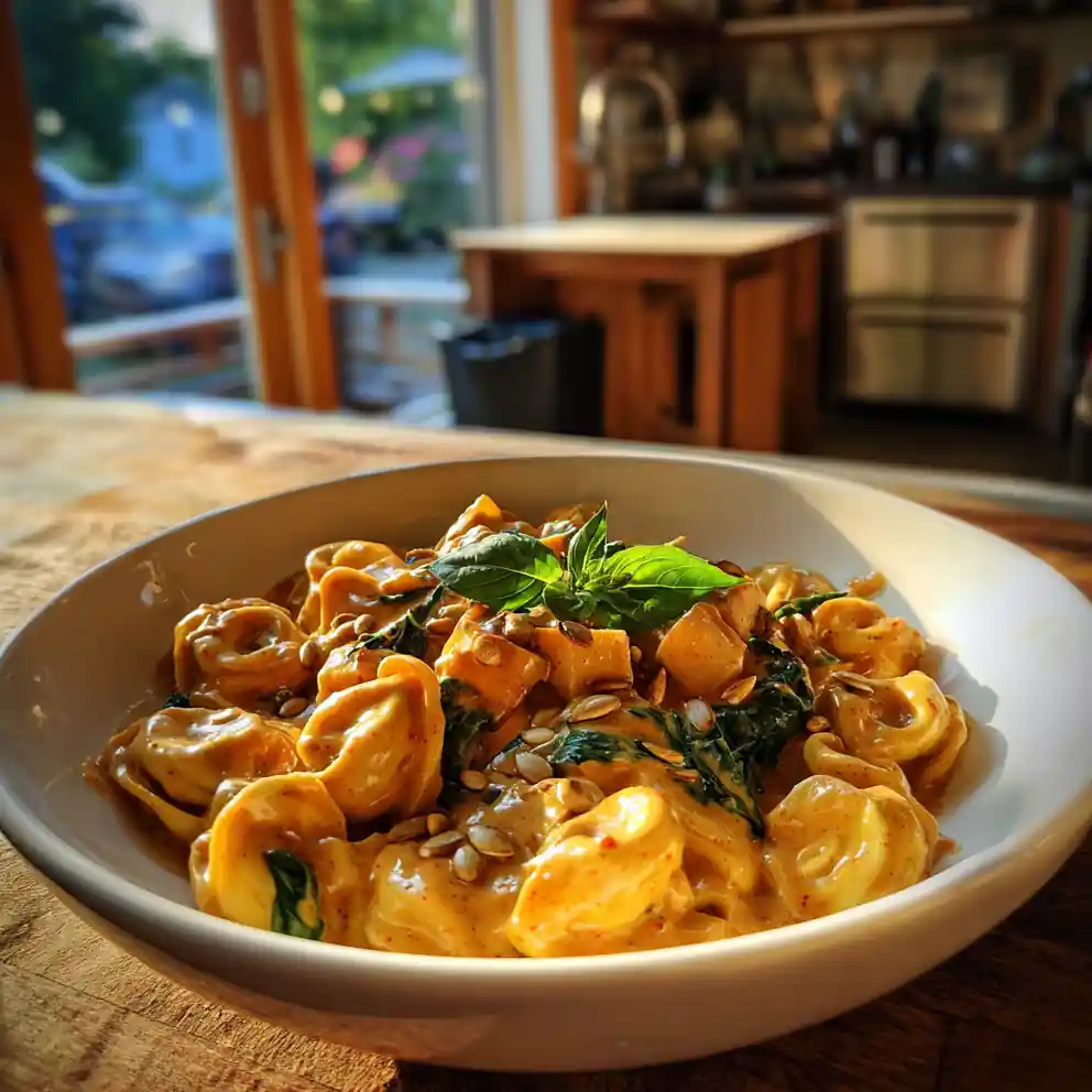 Skillet Tortellini with Sweet Potato, Spinach & Roasted Red Pepper Cream