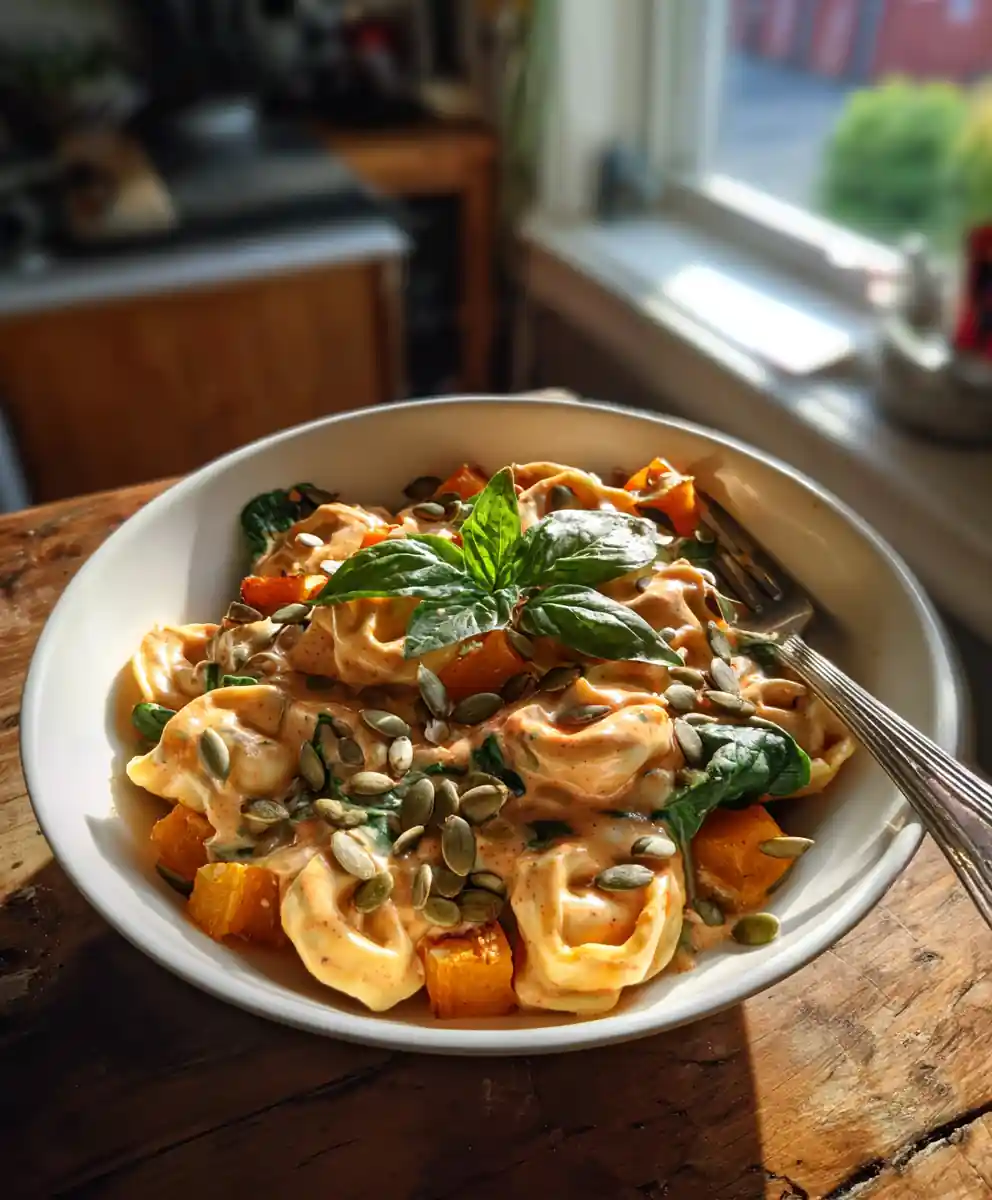 Skillet Tortellini with Sweet Potato, Spinach & Roasted Red Pepper Cream