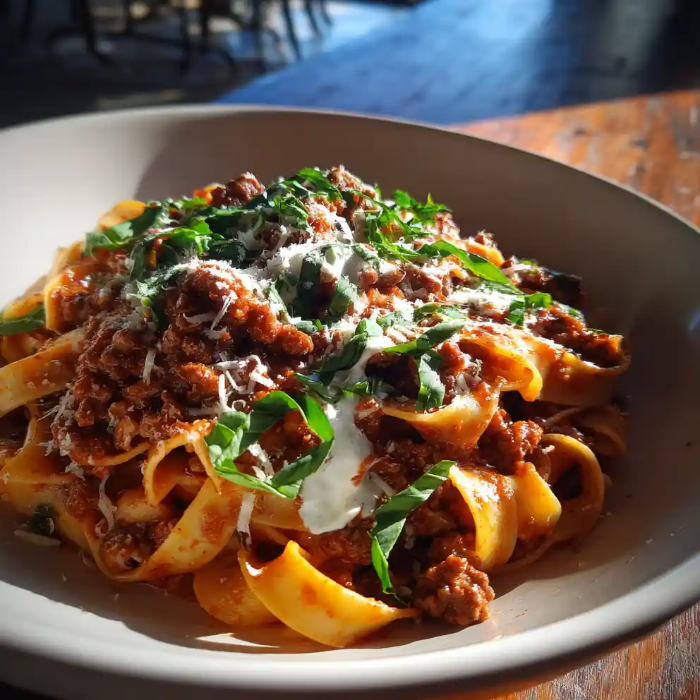 Smoky Beef Bolognese with Silky Basil Cream Swirl