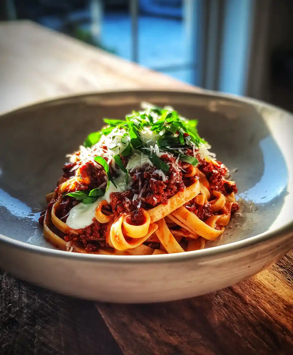 Smoky Beef Bolognese with Silky Basil Cream Swirl