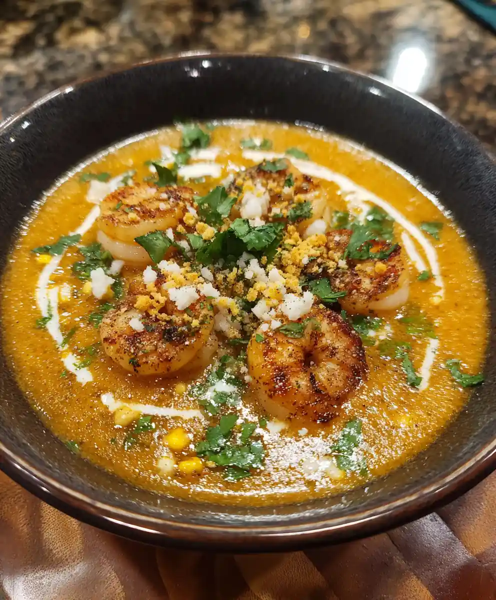 Smoky Chipotle Swirl Shrimp and Corn Bisque