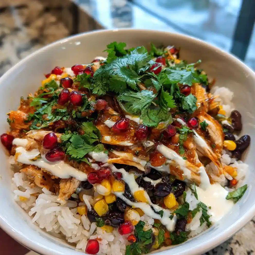 Smoky Poblano Corn Burrito Bowl with Lime Crema