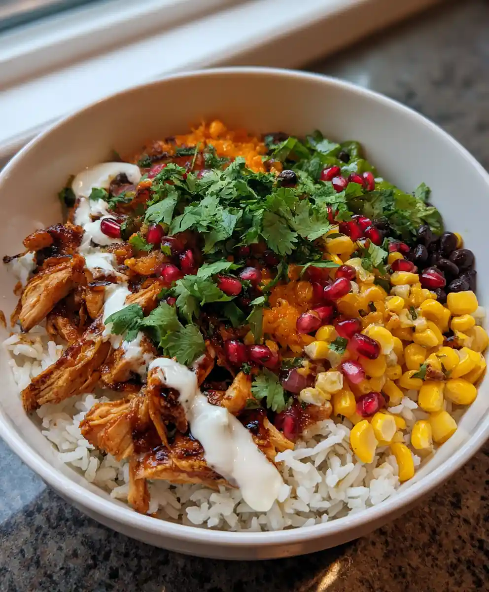Smoky Poblano Corn Burrito Bowl with Lime Crema