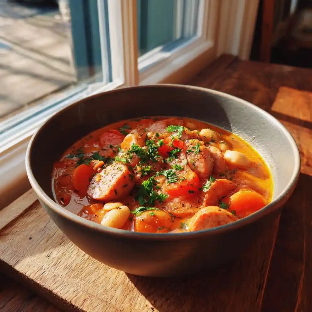 Smoky Red Pepper Cream Swirl Chicken Sausage White Bean Soup