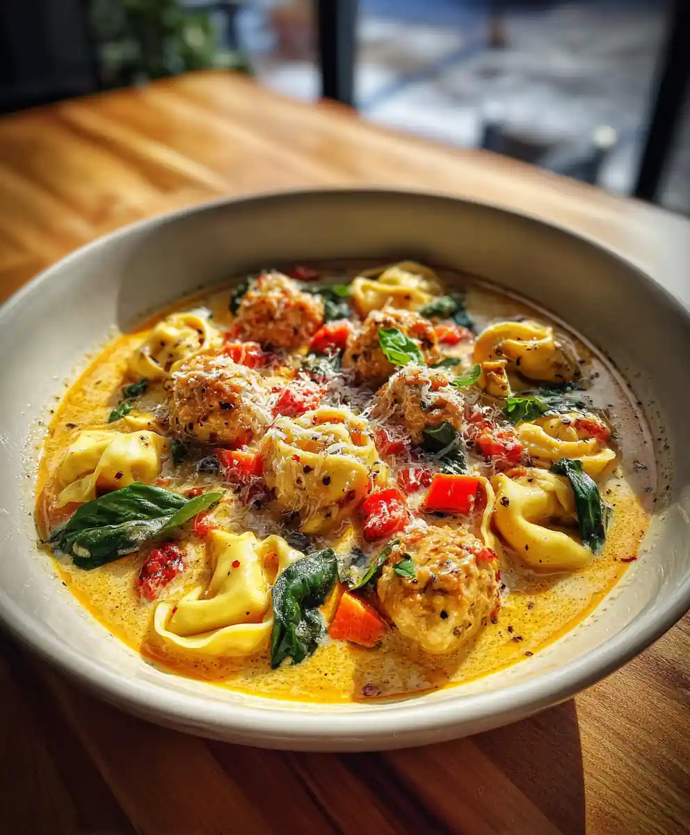 Spiced Chicken Sausage Tortellini Soup with Sun Dried Tomato Cream Swirl