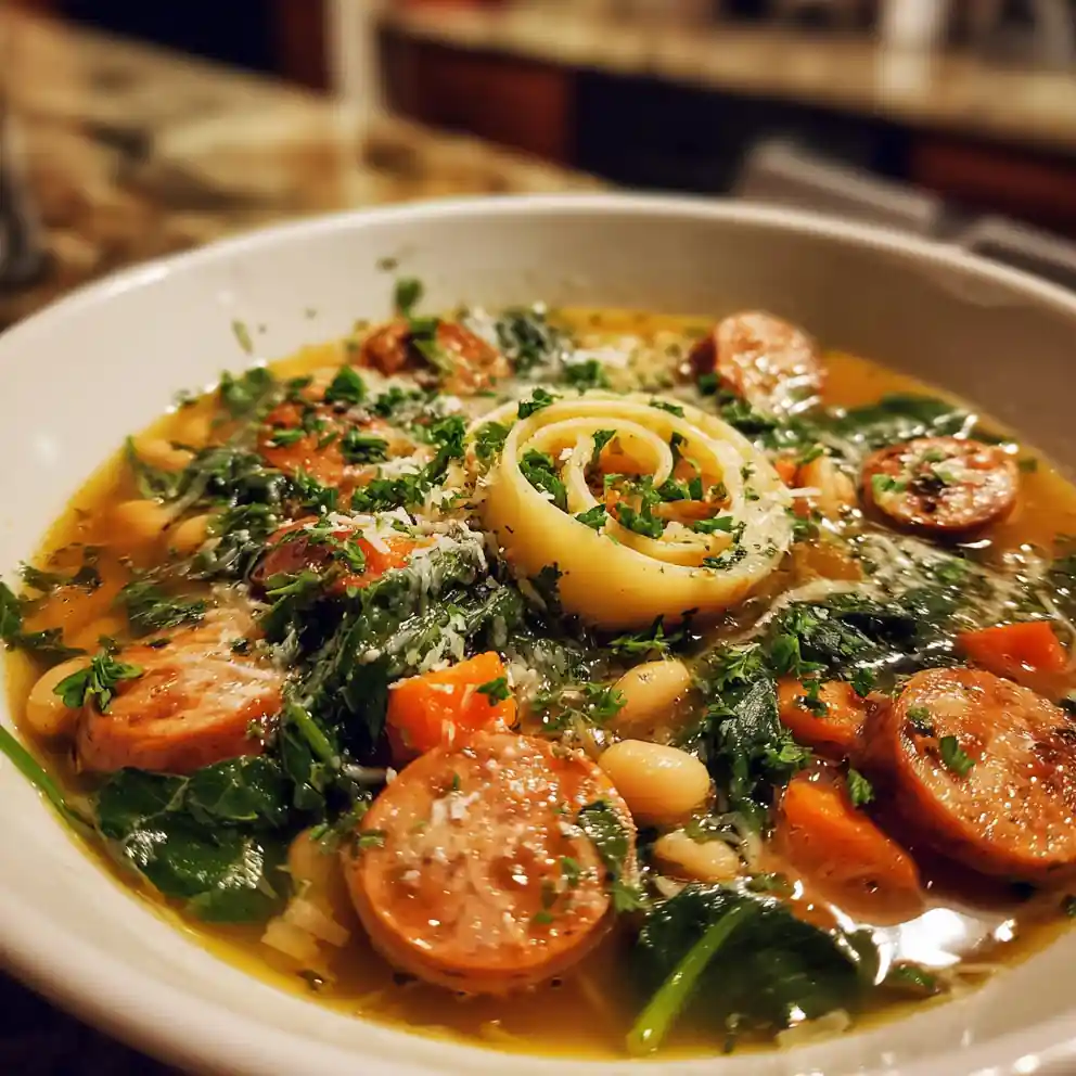 Spiced Chicken Sausage, White Bean & Spinach Soup with Garlic Cream Swirl