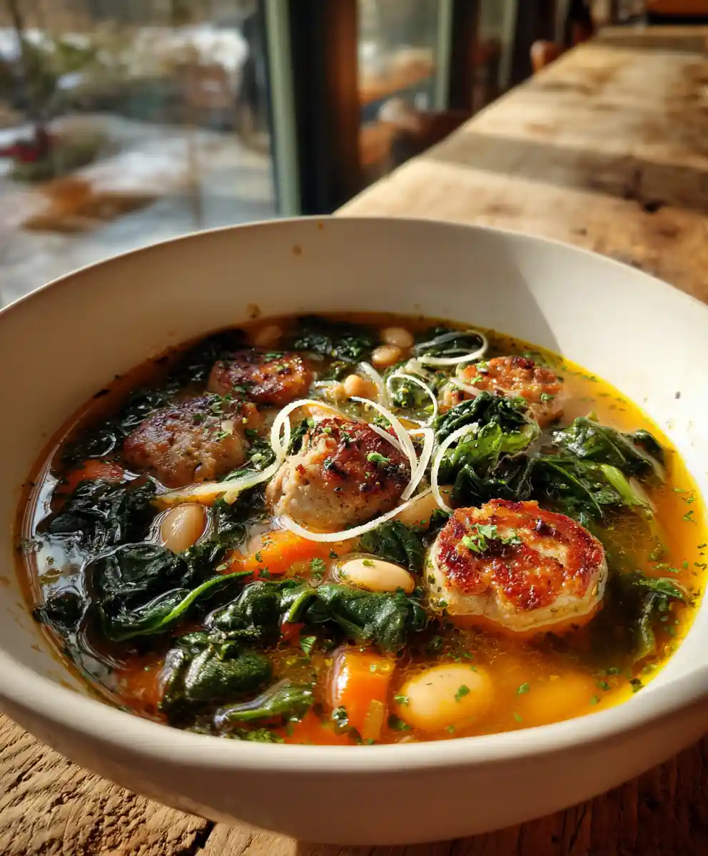 Spiced Chicken Sausage, White Bean & Spinach Soup with Garlic Cream Swirl