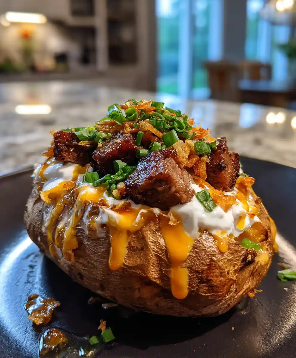 Spicy Cheddar Jalapeño Loaded Baked Potato with Steak Bites