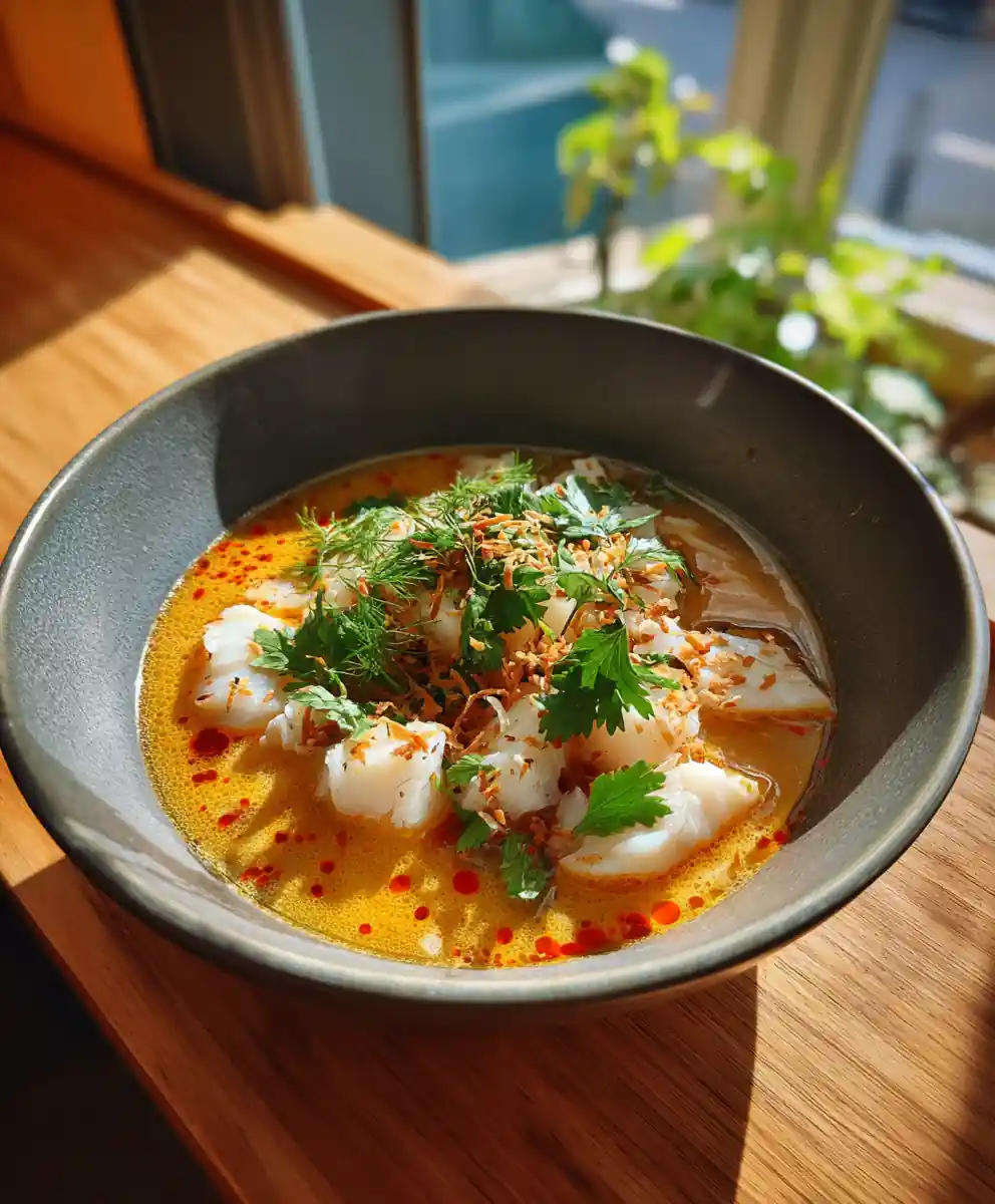 Spicy Lemon Fish Soup with Lemongrass Coconut Cream Swirl