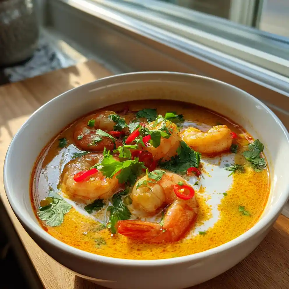 Spicy Shrimp Soup with Coconut Lime Cream Swirl