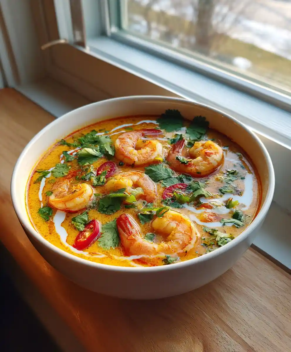 Spicy Shrimp Soup with Coconut Lime Cream Swirl