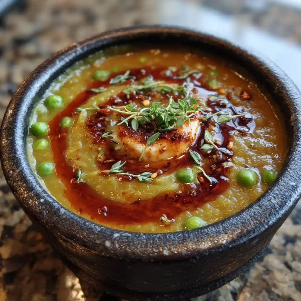 Split Pea Soup with Smoky Red Pepper Cream Swirl