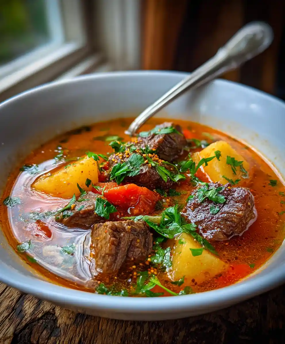 Vegetable Beef Soup with Roasted Carrot Ginger Swirl