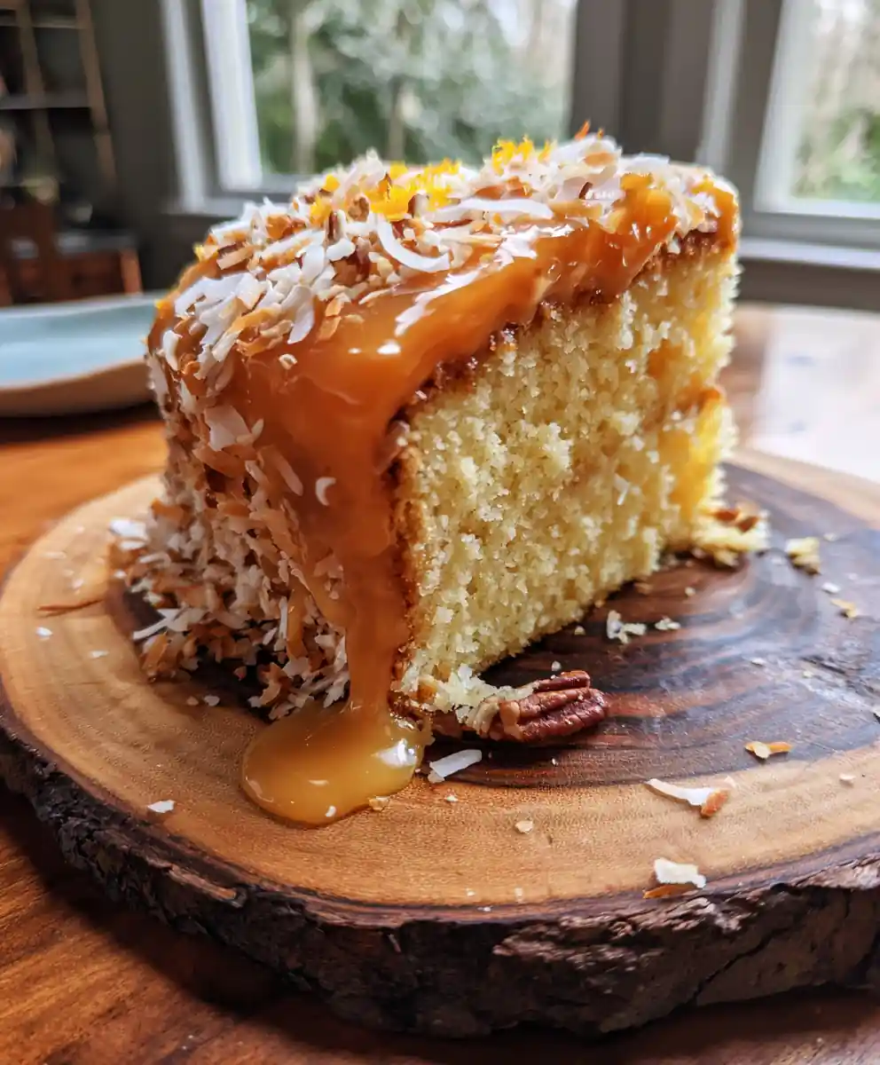 White German Chocolate Cake with Coconut Pecan Filling and Orange Glaze
