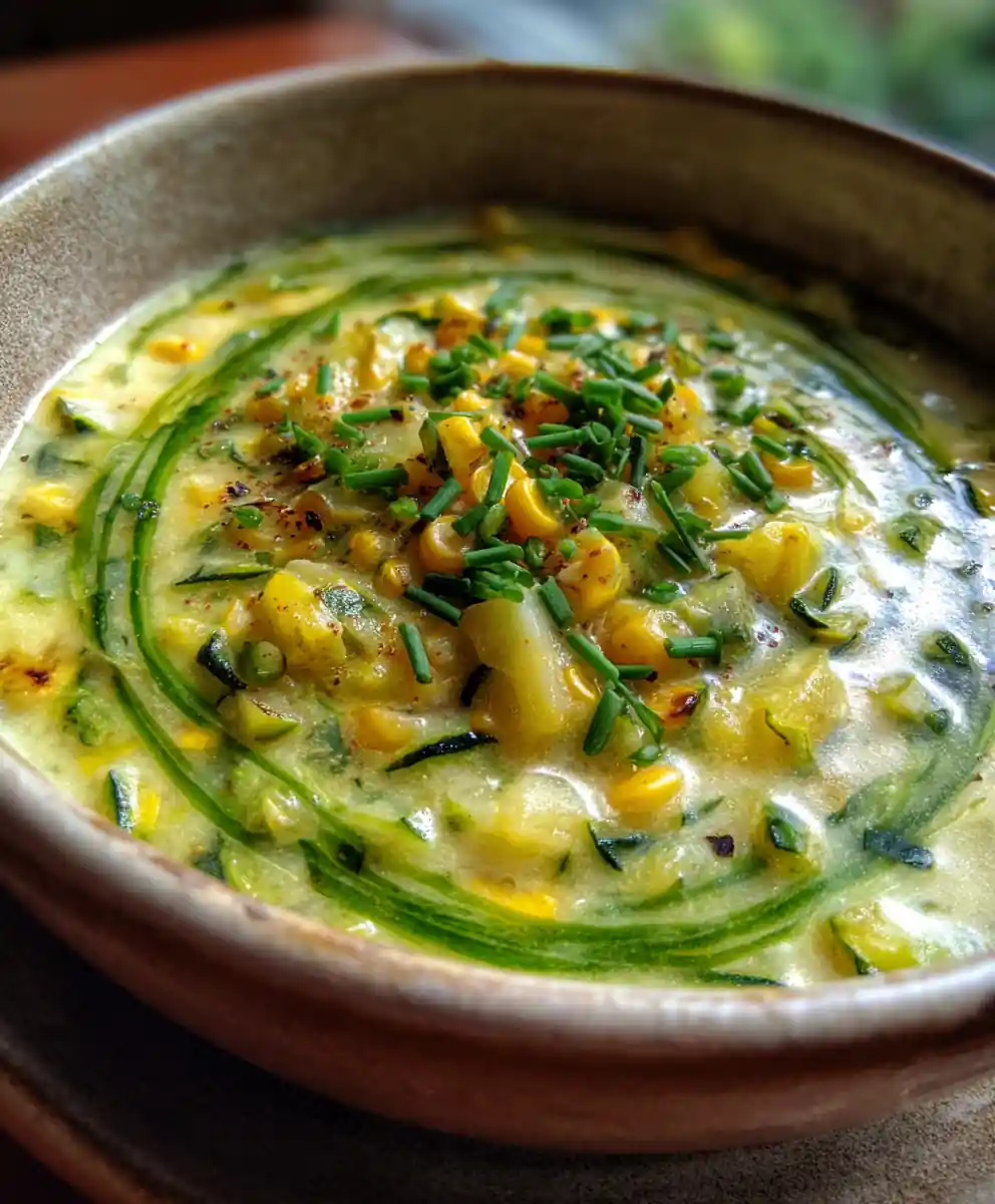Zucchini Corn Chowder with Charred Corn & Basil Cream Swirl