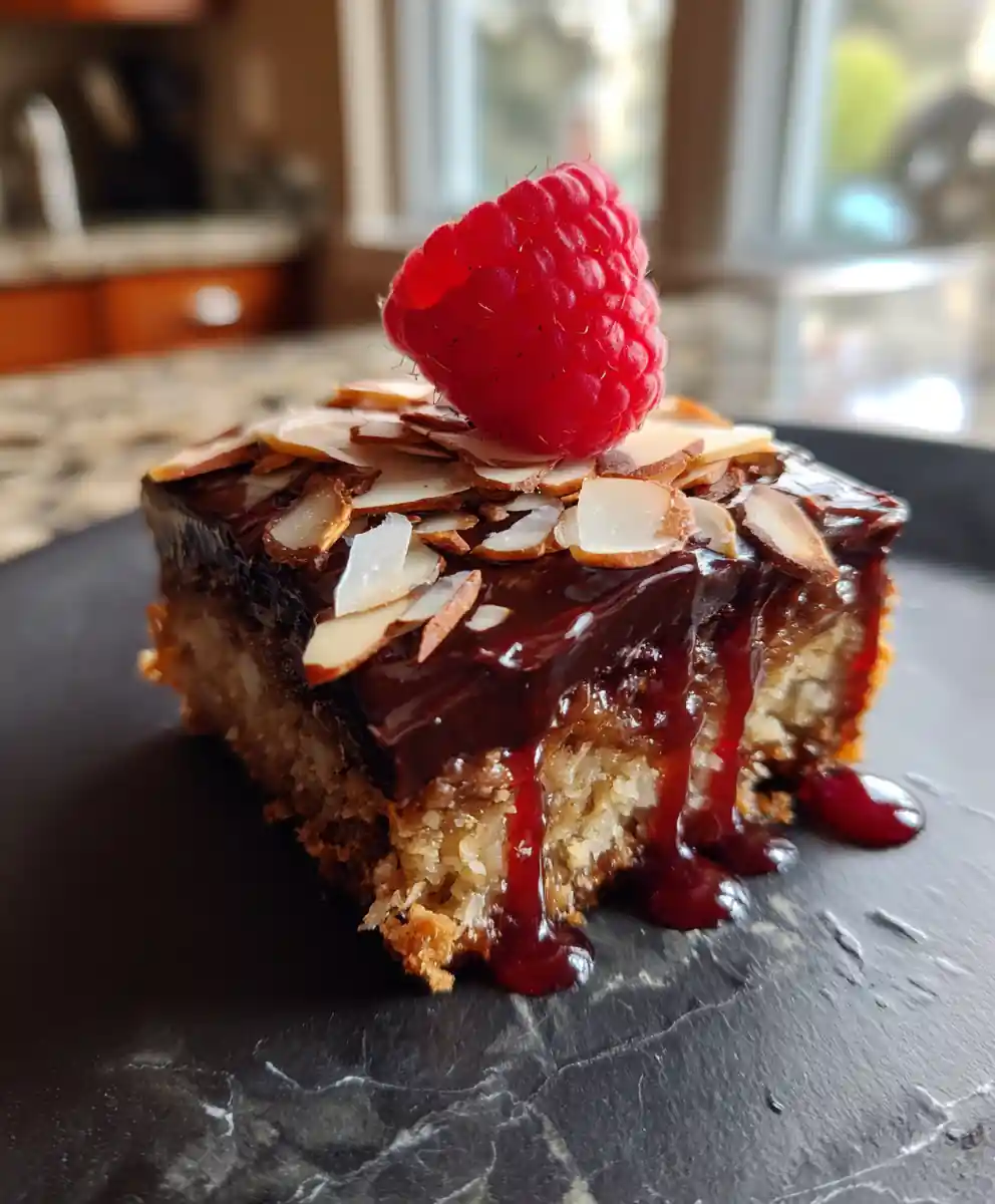 7 Layer Bars With Raspberry Drizzle And Almond Crunch