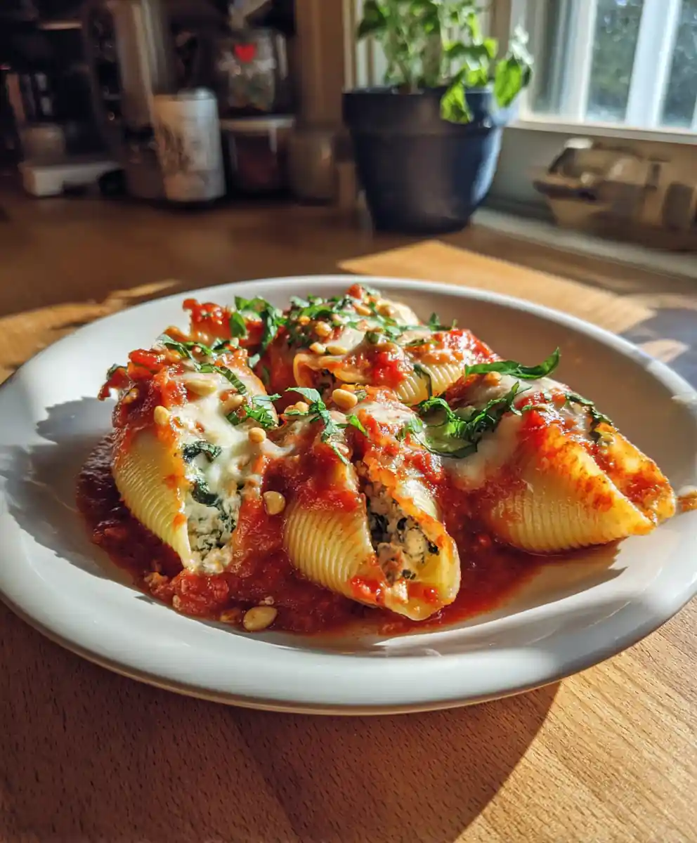 Baked Harissa Ricotta Stuffed Shells With Tomato Basil Sauce