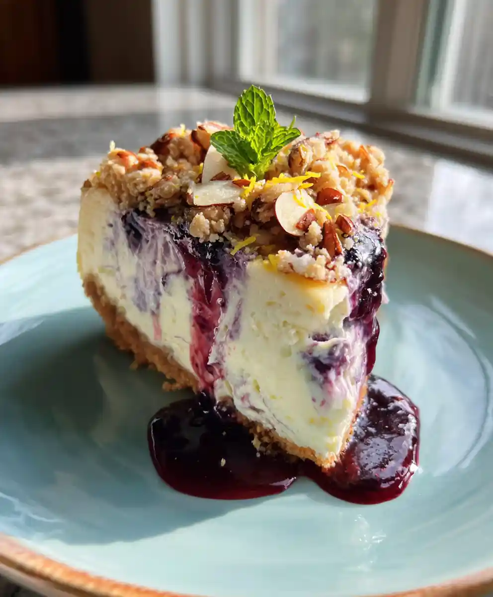 Cardamom Swirled Blueberry Crumble Cheesecake
