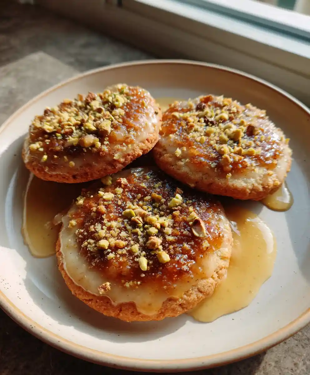 Carmelitas With Honey Cardamom Glaze And Pistachio Crumble