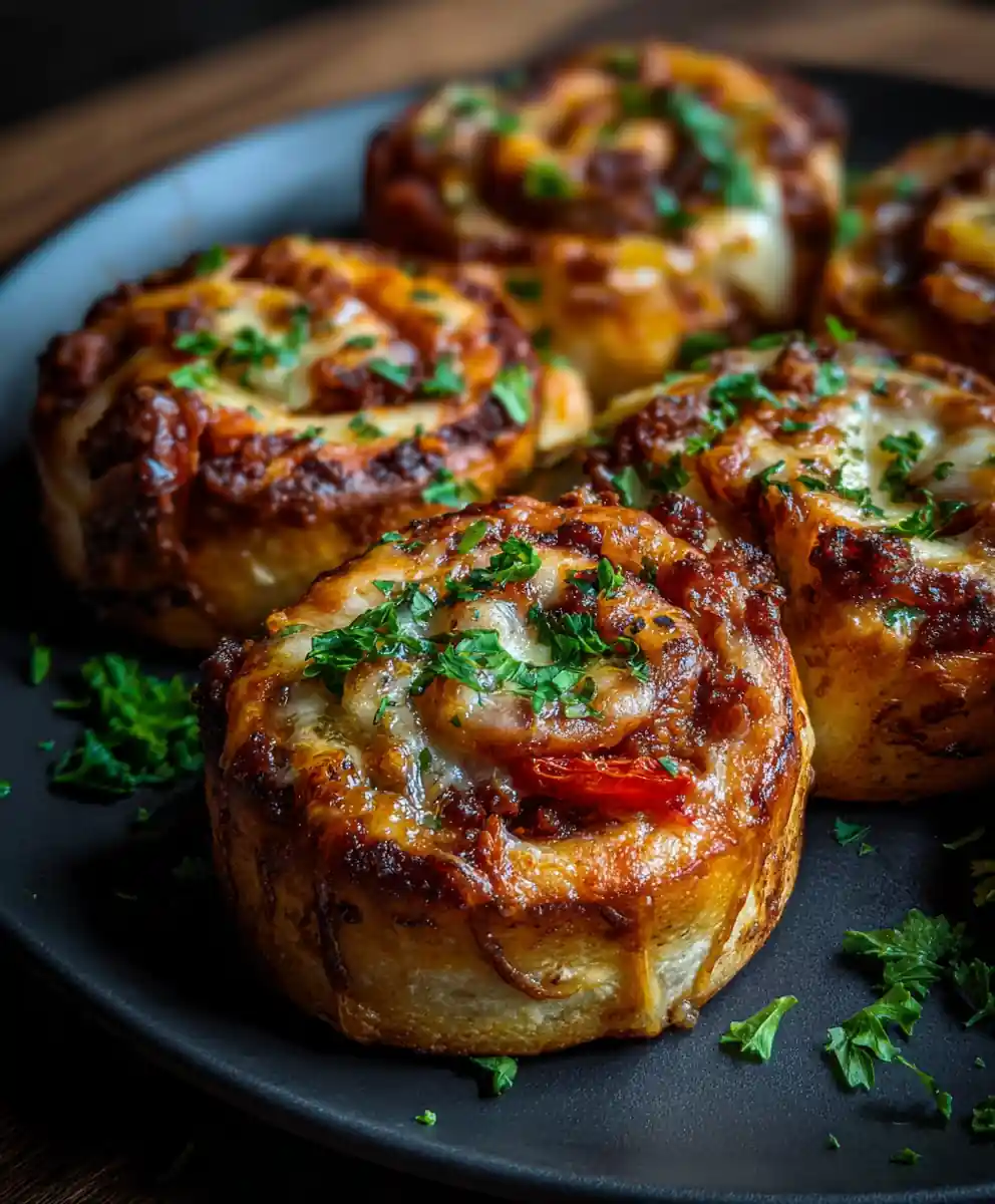 Cheesy Beef Pizza Roll Ups With Garlic Herb Butter Swirl