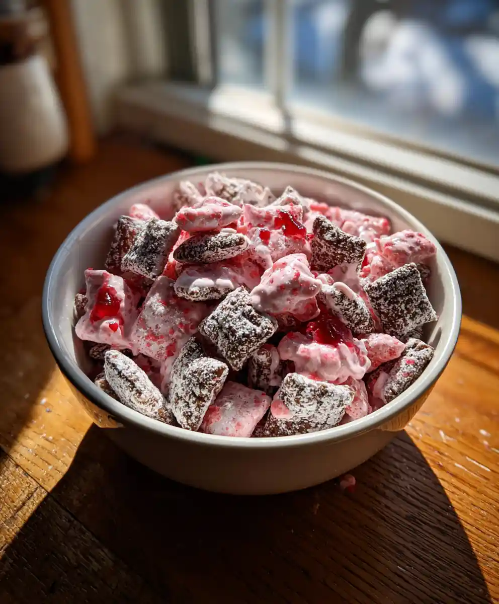 Cherry Cheesecake Puppy Chow With Pink Cream Drizzle