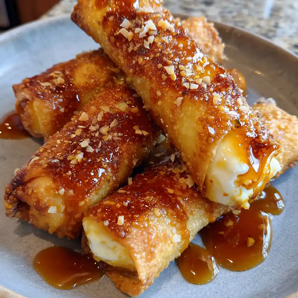 Crispy Cheesecake Egg Rolls With Toasted Coconut Caramel Drizzle