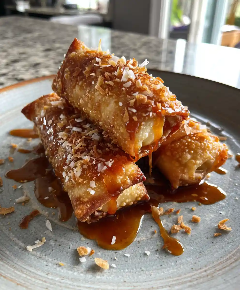Crispy Cheesecake Egg Rolls With Toasted Coconut Caramel Drizzle
