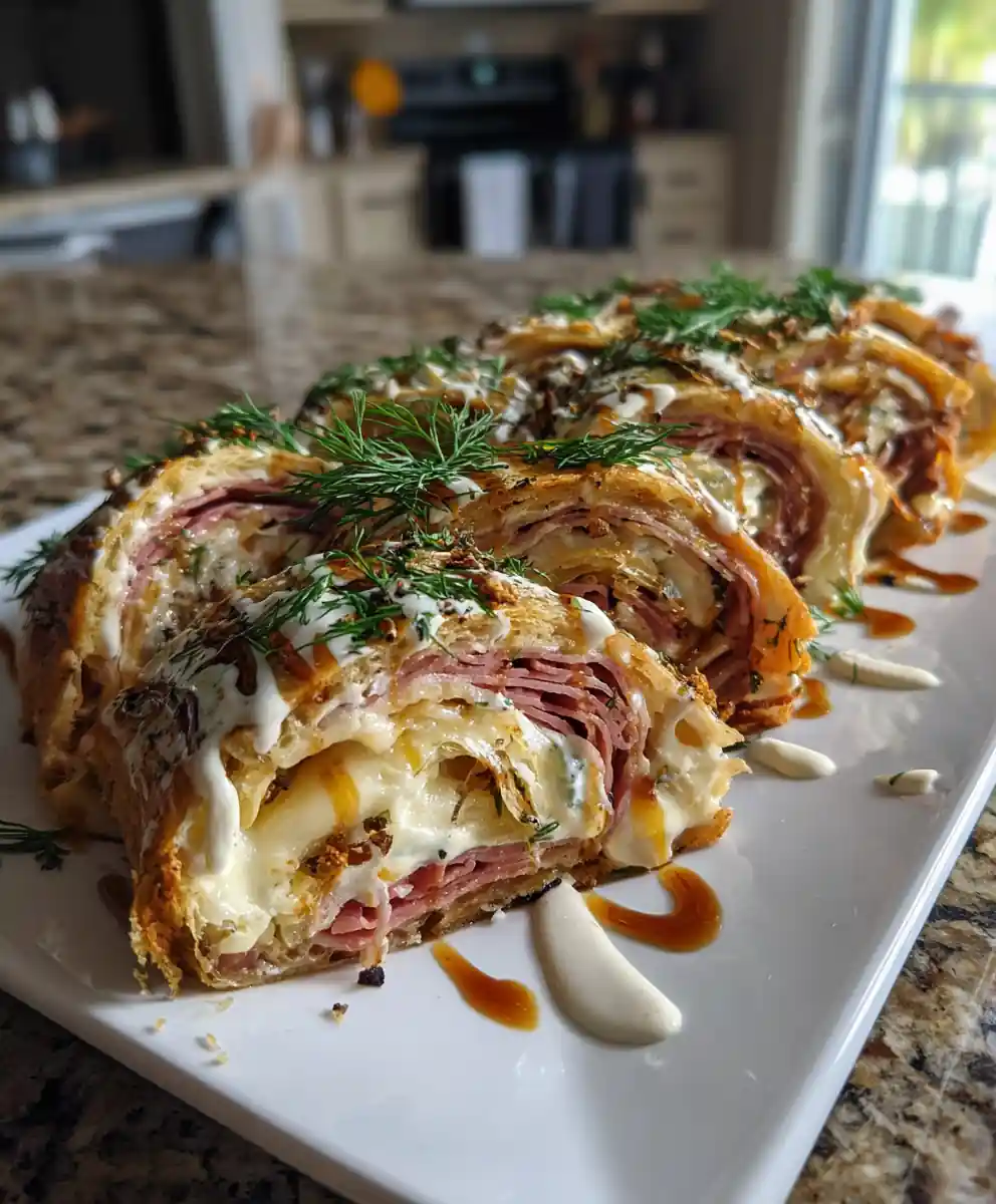 Crispy Reuben Roll Ups With Dill Mustard Cream Cheese Swirl