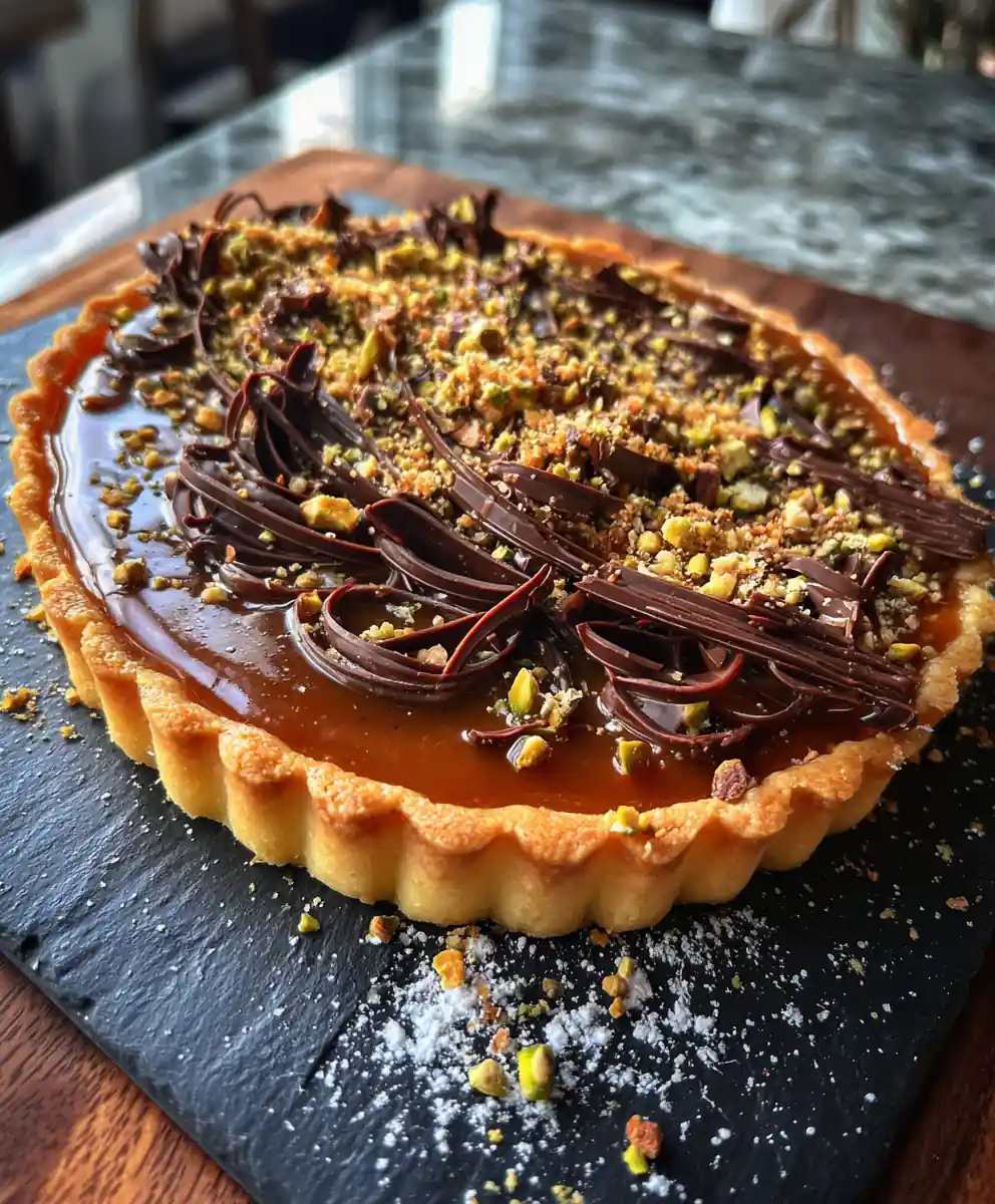 Golden Caramel Round Tart With Pistachio Crumble
